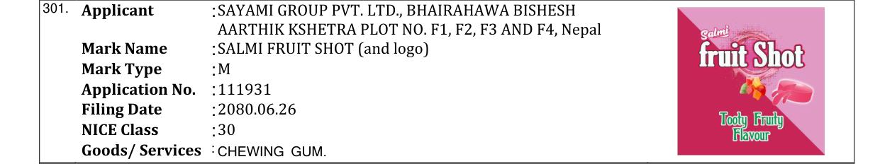 Original bulletin entry for SALMI FRUIT SHOT (and logo)