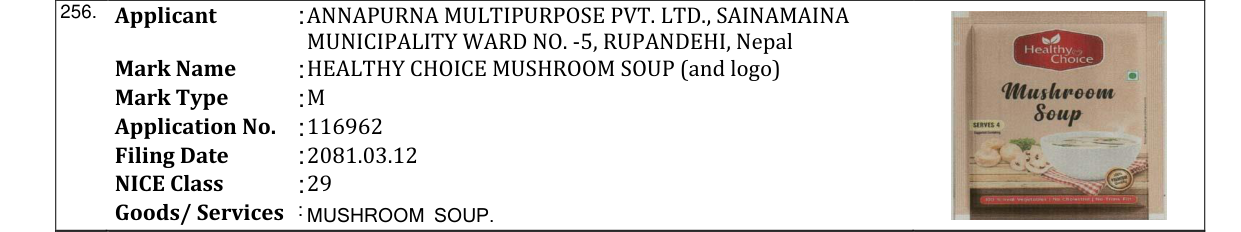 Original bulletin entry for HEALTHY CHOICE MUSHROOM SOUP (and logo)