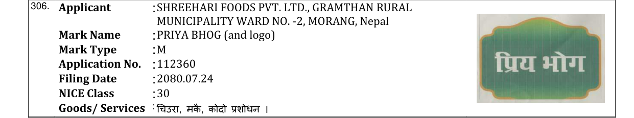 Original bulletin entry for PRIYA BHOG (and logo)