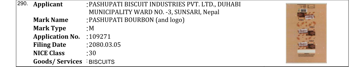 Original bulletin entry for PASHUPATI BOURBON (and logo)