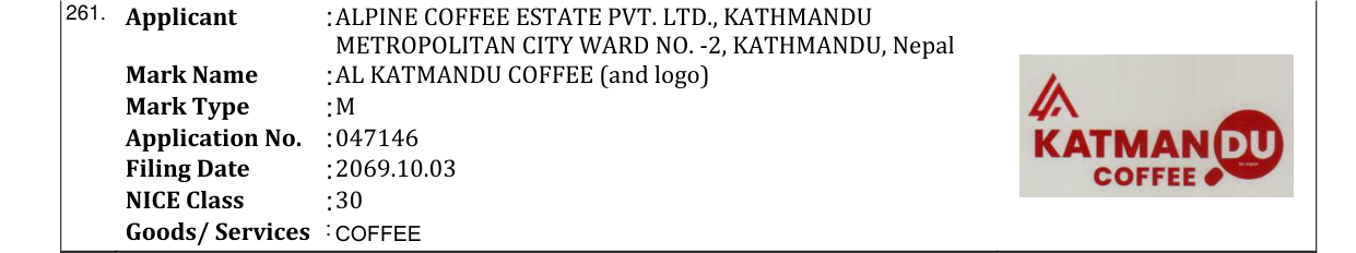 Original bulletin entry for AL KATMANDU COFFEE (and logo)