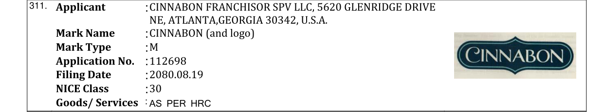 Original bulletin entry for CINNABON (and logo)