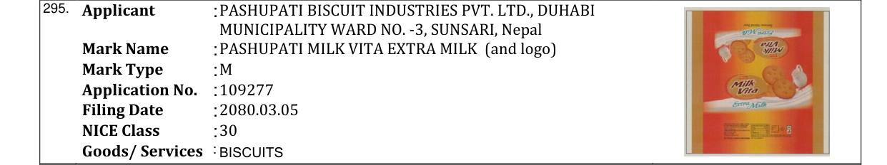 Original bulletin entry for PASHUPATI MILK VITA EXTRA MILK (and logo)