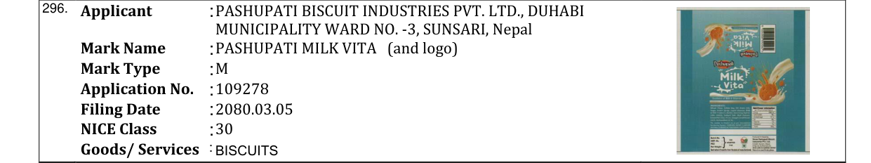 Original bulletin entry for PASHUPATI MILK VITA (and logo)