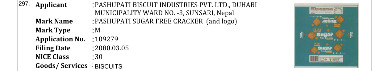Original bulletin entry for PASHUPATI SUGAR FREE CRACKER (and logo)