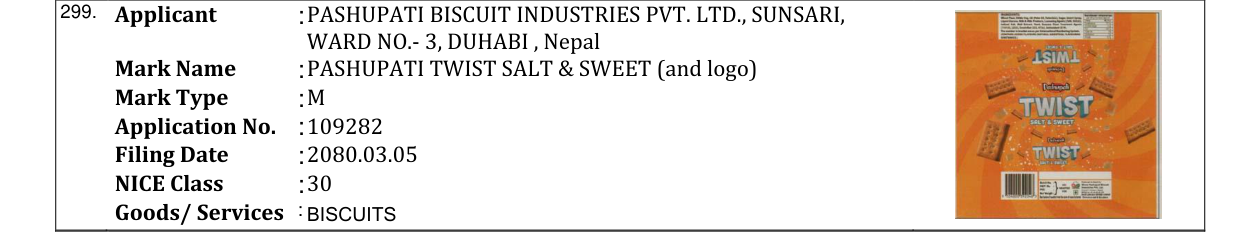 Original bulletin entry for PASHUPATI TWIST SALT & SWEET (and logo)