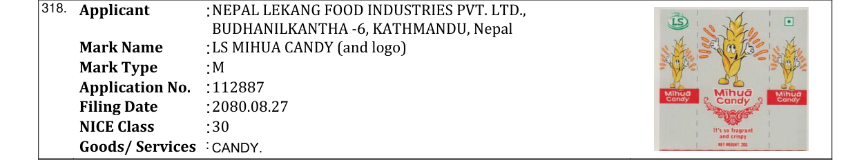 Original bulletin entry for LS MIHUA CANDY (and logo)