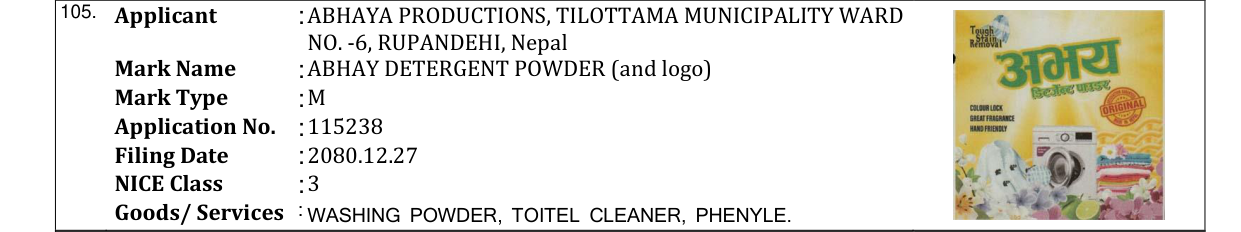Original bulletin entry for ABHAY DETERGENT POWDER (and logo)