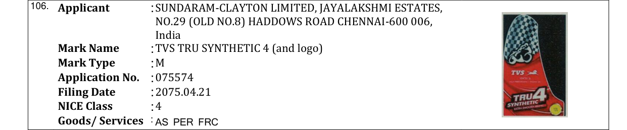 Original bulletin entry for TVS TRU SYNTHETIC 4 (and logo)