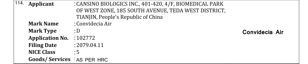 Original bulletin entry for Convidecia Air