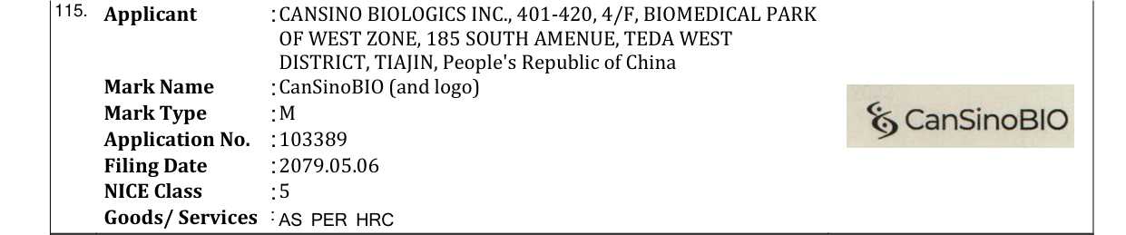 Original bulletin entry for CanSinoBIO (and logo)