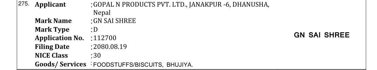 Original bulletin entry for GN SAI SHREE