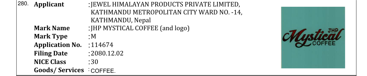 Original bulletin entry for JHP MYSTICAL COFFEE (and logo)