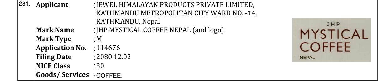 Original bulletin entry for JHP MYSTICAL COFFEE NEPAL (and logo)