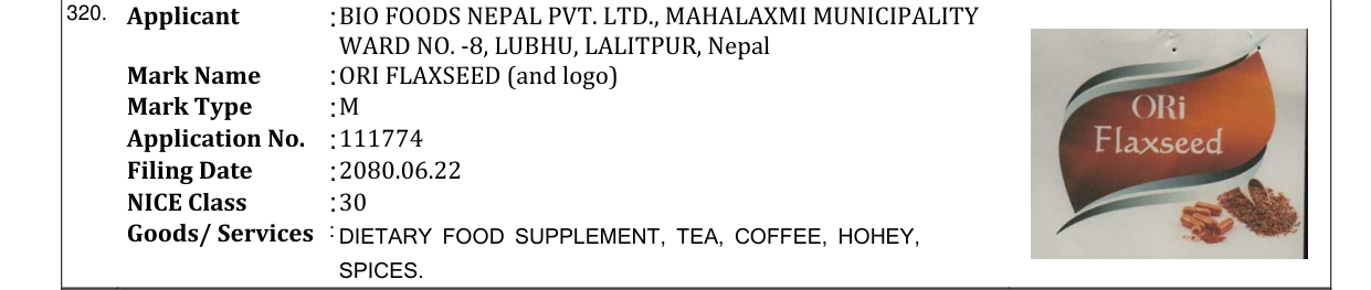 Original bulletin entry for ORI FLAXSEED (and logo)