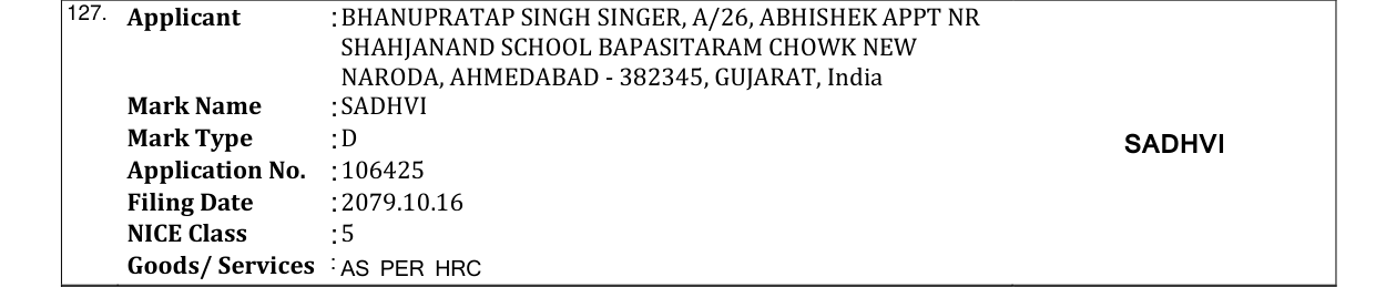 Original bulletin entry for SADHVI
