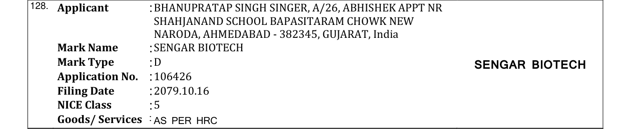 Original bulletin entry for SENGAR BIOTECH