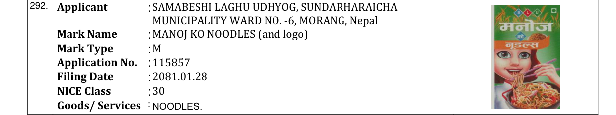 Original bulletin entry for MANOJ KO NOODLES (and logo)