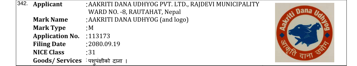 Original bulletin entry for AAKRITI DANA UDHYOG (and logo)
