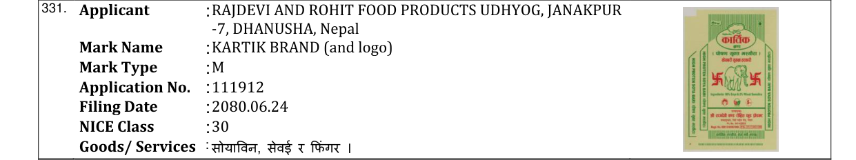 Original bulletin entry for KARTIK BRAND (and logo)
