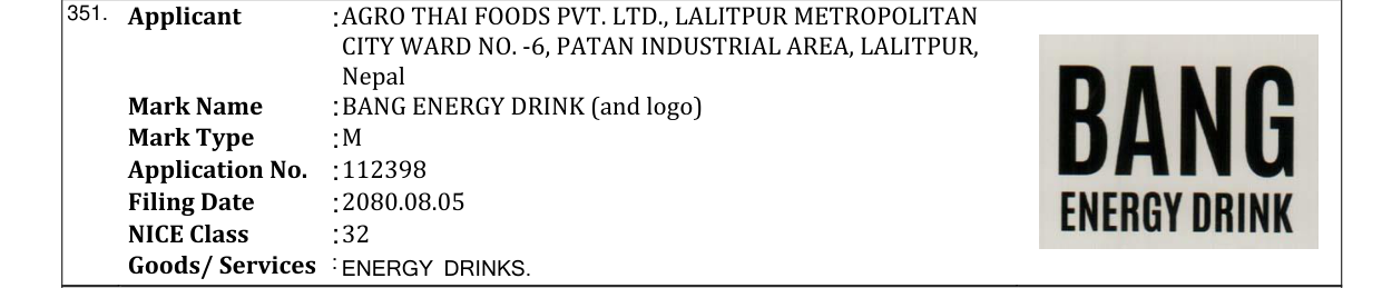 Original bulletin entry for BANG ENERGY DRINK (and logo)