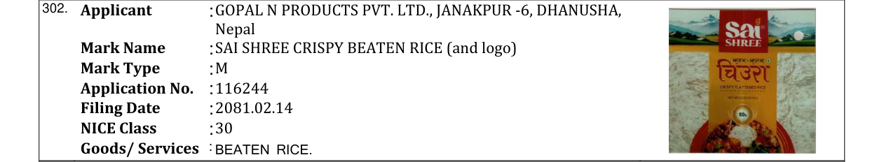 Original bulletin entry for SAI SHREE CRISPY BEATEN RICE (and logo)