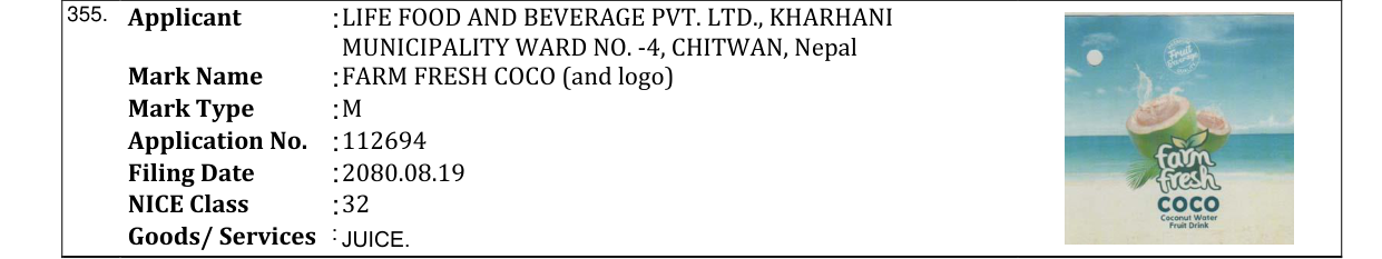 Original bulletin entry for FARM FRESH COCO (and logo)