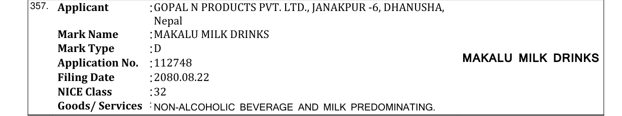Original bulletin entry for MAKALU MILK DRINKS
