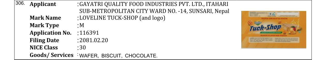 Original bulletin entry for LOVELINE TUCK-SHOP (and logo)