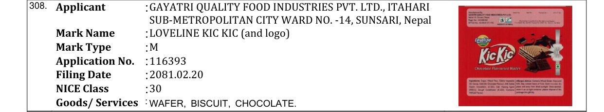 Original bulletin entry for LOVELINE KIC KIC (and logo)