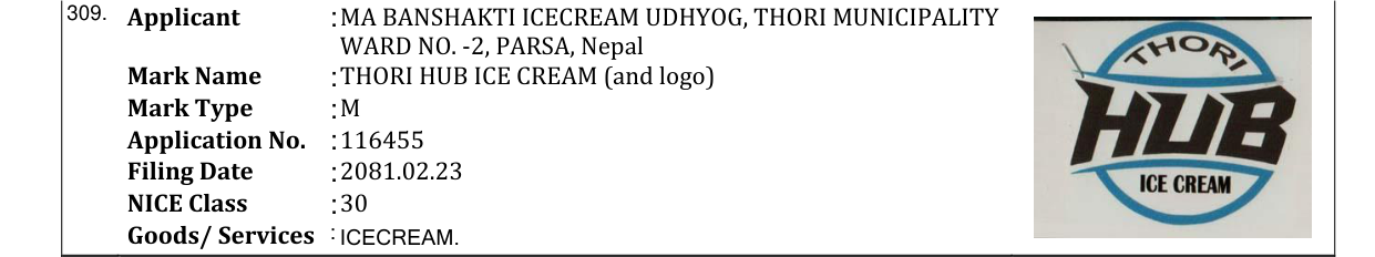 Original bulletin entry for THORI HUB ICE CREAM (and logo)