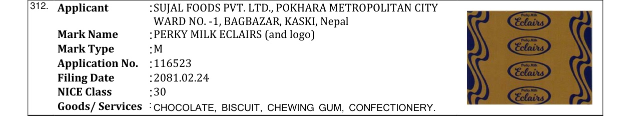 Original bulletin entry for PERKY MILK ECLAIRS (and logo)