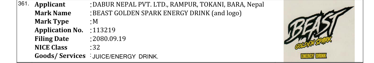 Original bulletin entry for BEAST GOLDEN SPARK ENERGY DRINK (and logo)