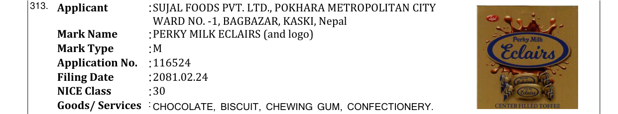 Original bulletin entry for PERKY MILK ECLAIRS (and logo)