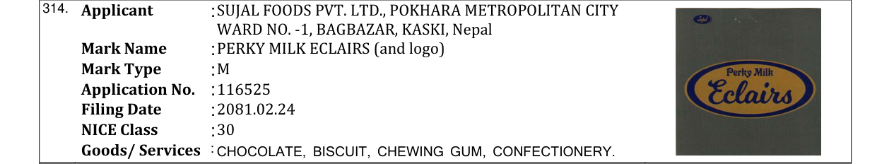 Original bulletin entry for PERKY MILK ECLAIRS (and logo)