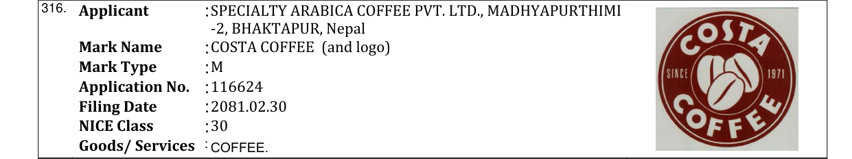 Original bulletin entry for COSTA COFFEE (and logo)