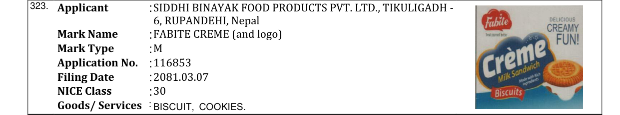 Original bulletin entry for FABITE CREME (and logo)