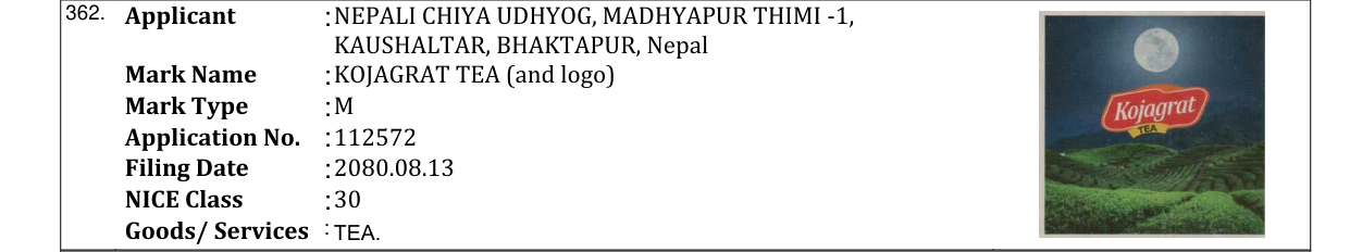 Original bulletin entry for KOJAGRAT TEA (and logo)