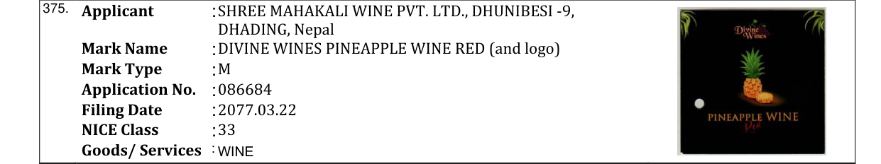Original bulletin entry for DIVINE WINES PINEAPPLE WINE RED (and logo)