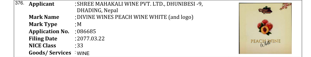 Original bulletin entry for DIVINE WINES PEACH WINE WHITE (and logo)