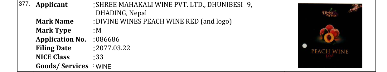 Original bulletin entry for DIVINE WINES PEACH WINE RED (and logo)