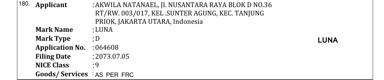 Original bulletin entry for LUNA