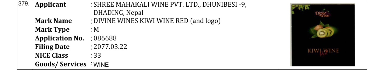 Original bulletin entry for DIVINE WINES KIWI WINE RED (and logo)