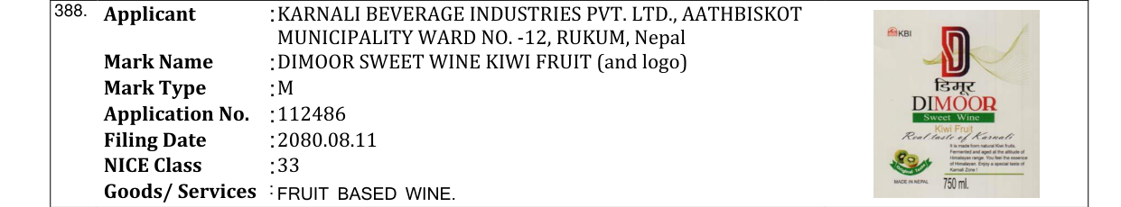 Original bulletin entry for DIMOOR SWEET WINE KIWI FRUIT (and logo)
