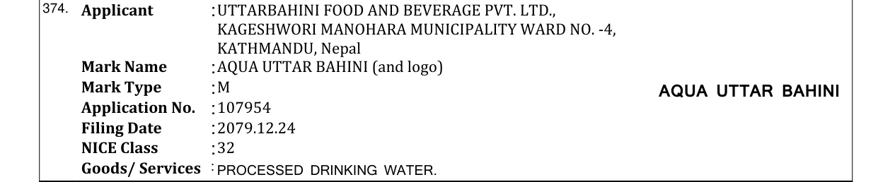 Original bulletin entry for AQUA UTTAR BAHINI (and logo)