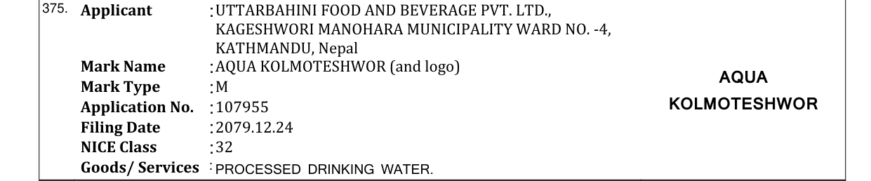 Original bulletin entry for AQUA KOLMOTESHWOR (and logo) AQUA