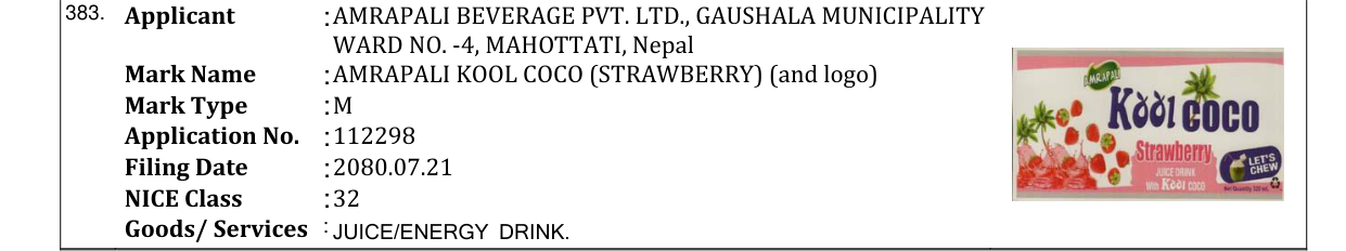 Original bulletin entry for AMRAPALI KOOL COCO (STRAWBERRY) (and logo)