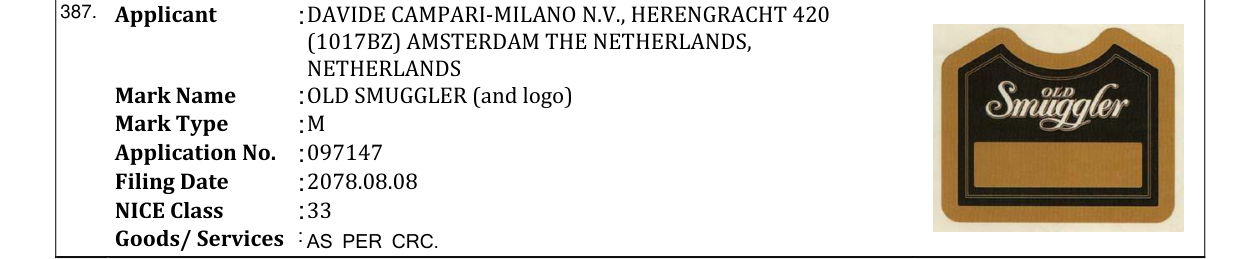 Original bulletin entry for OLD SMUGGLER (and logo)