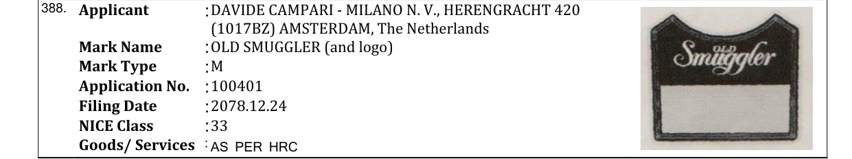 Original bulletin entry for OLD SMUGGLER (and logo)