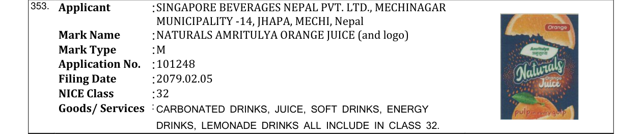 Original bulletin entry for NATURALS AMRITULYA ORANGE JUICE (and logo)